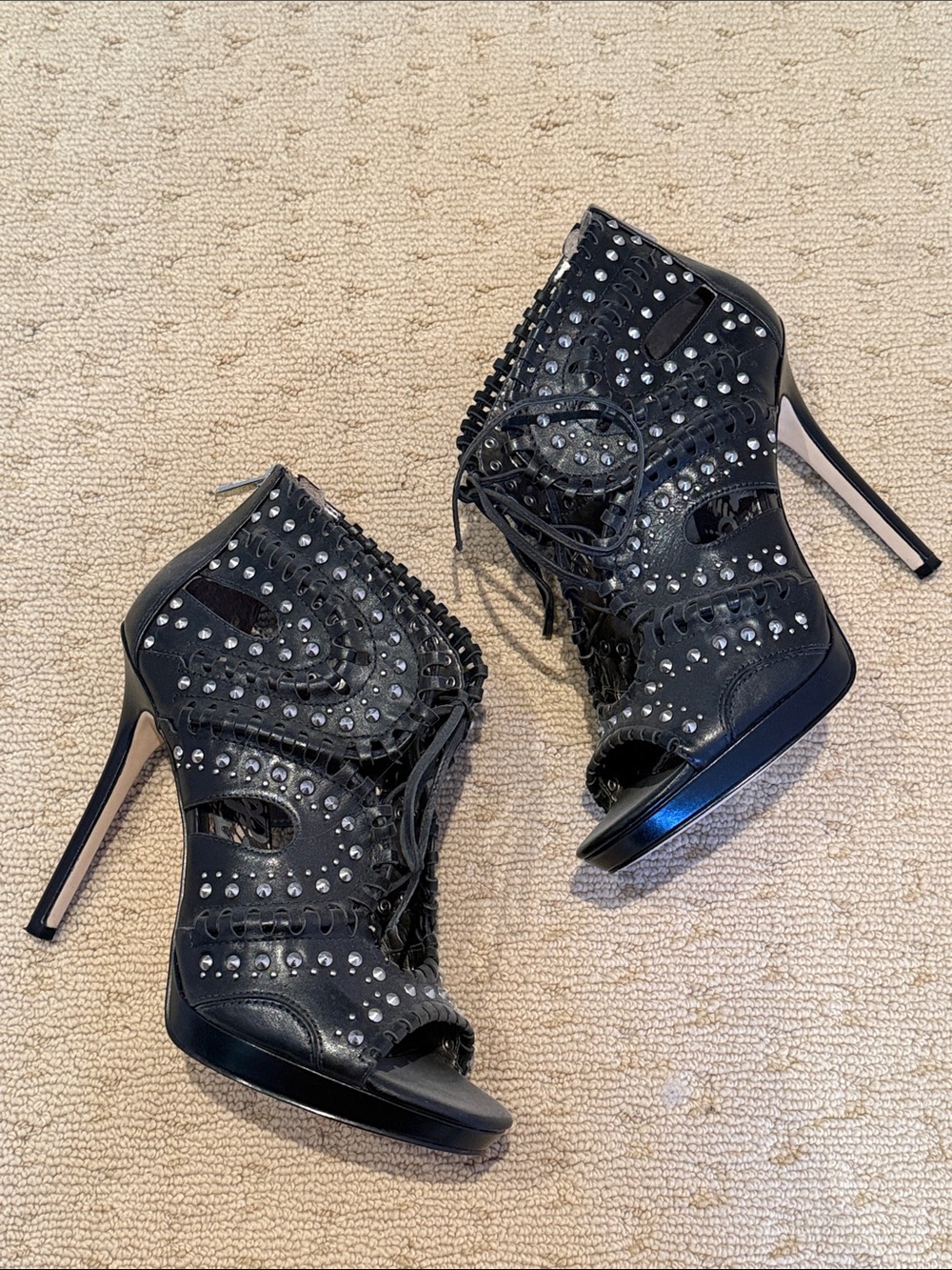 Sam Edelman Black Studded Lace-Up Open-Toe Stiletto Booties